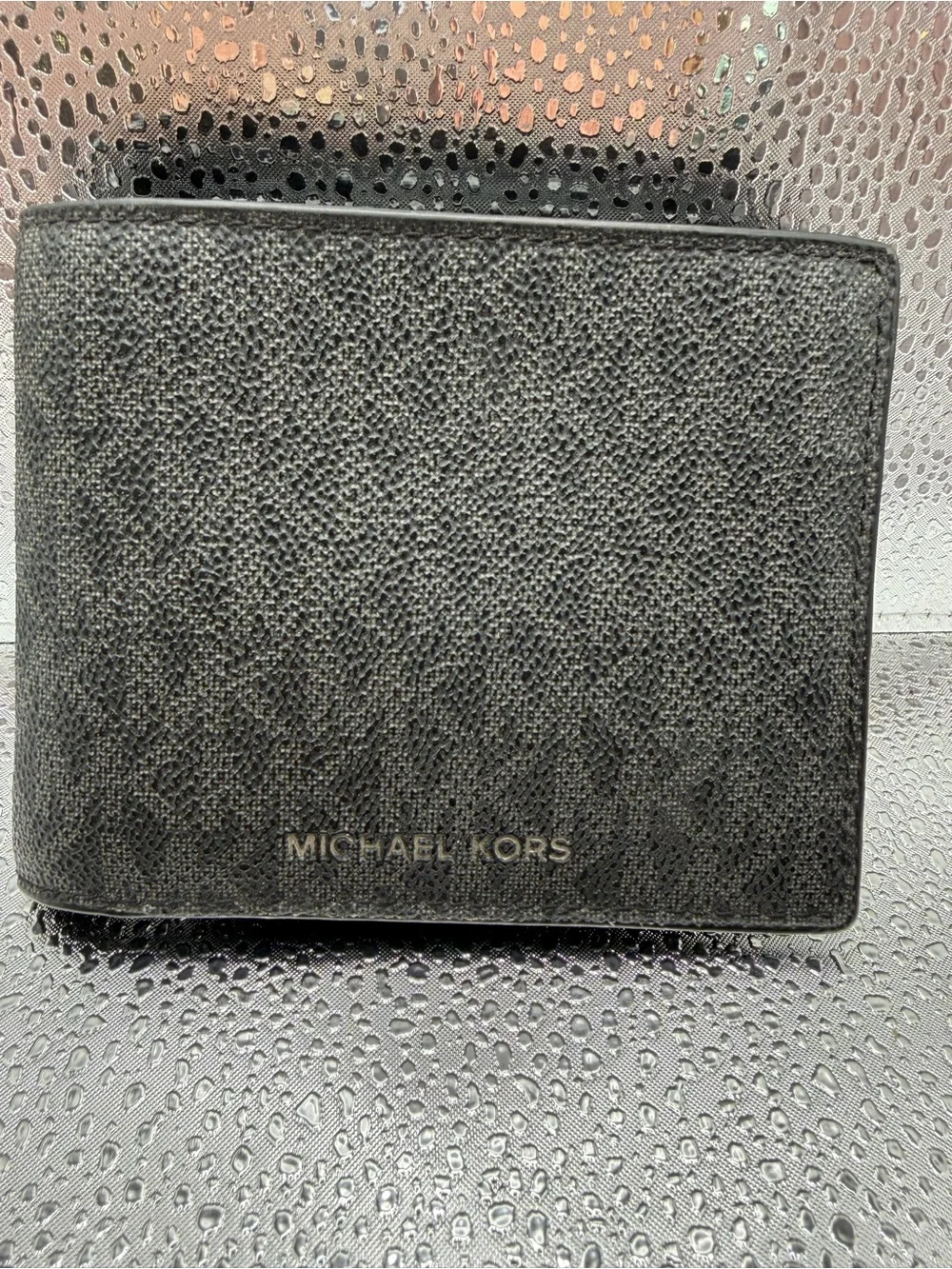 Michael Kors Black Textured Leather Bi-Fold Wallet with Gold Logo